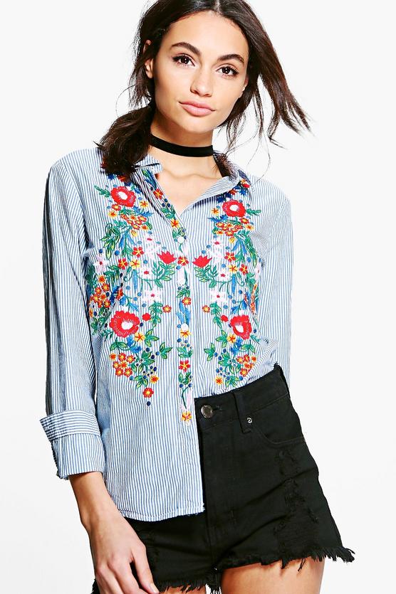 Liz Heavy Embroidered Front Stripe Shirt